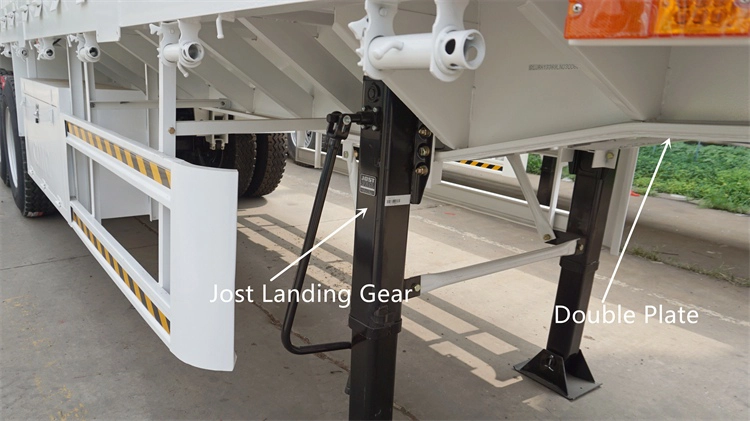 Gooseneck detail of Kales 60-ton fence trailer featuring JOST landing gear.