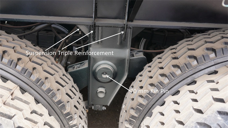 Kales 60-ton fence trailer mechanical suspension detail featuring triple reinforced hanger brackets.