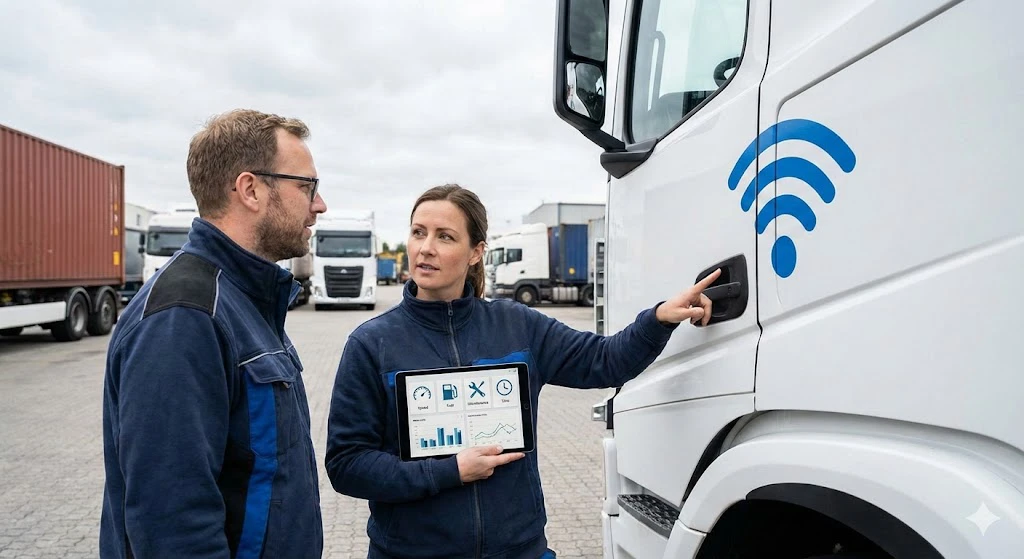 Fleet workers analyzing dashboard metrics on a tablet using GPS fleet tracking systems to lower idle times.