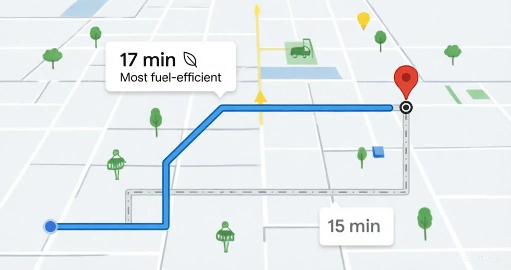 A Kales fleet navigation interface showing a route comparison, prioritizing the most fuel-efficient 17-minute path.