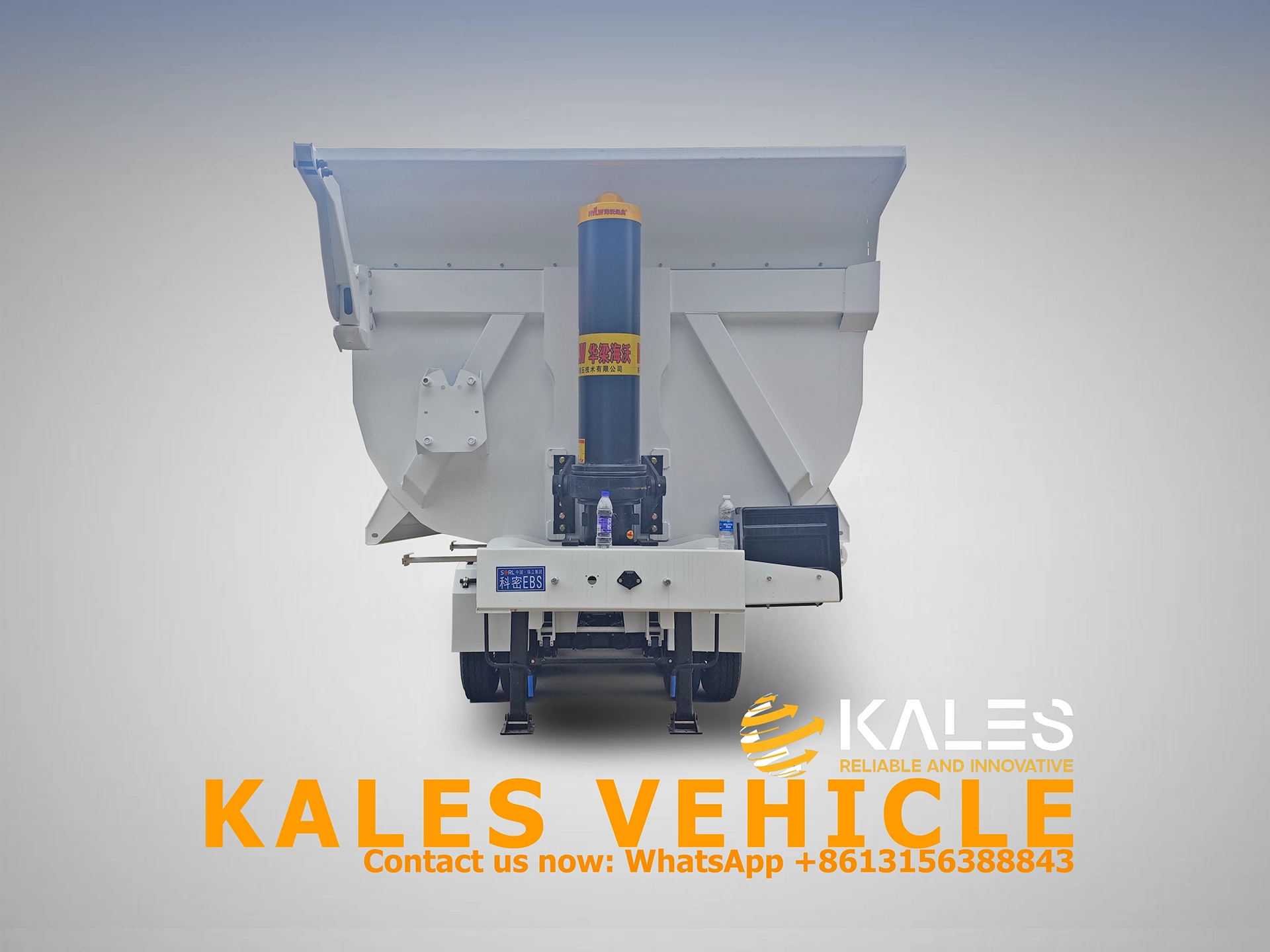 Front view of Kales Vehicle 60 ton U-shape dump trailer showing HYVA cylinder and reinforced structure.