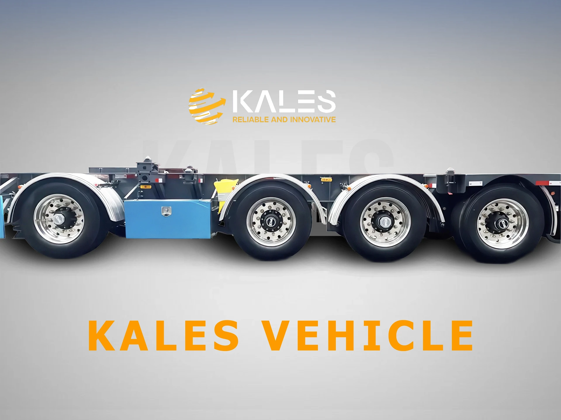 Kales 12m skeletal trailer side profile showing premium aluminum alloy wheels and chassis design.