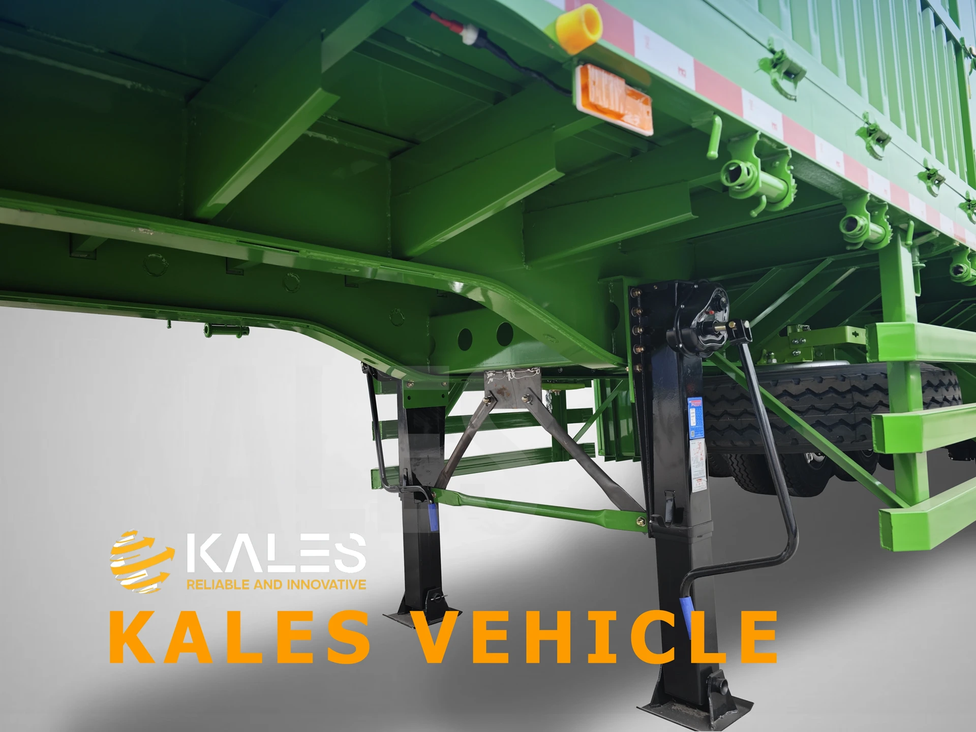 Close-up detail of the standard 28 ton JOST landing gear fitted on the Kales semi trailer