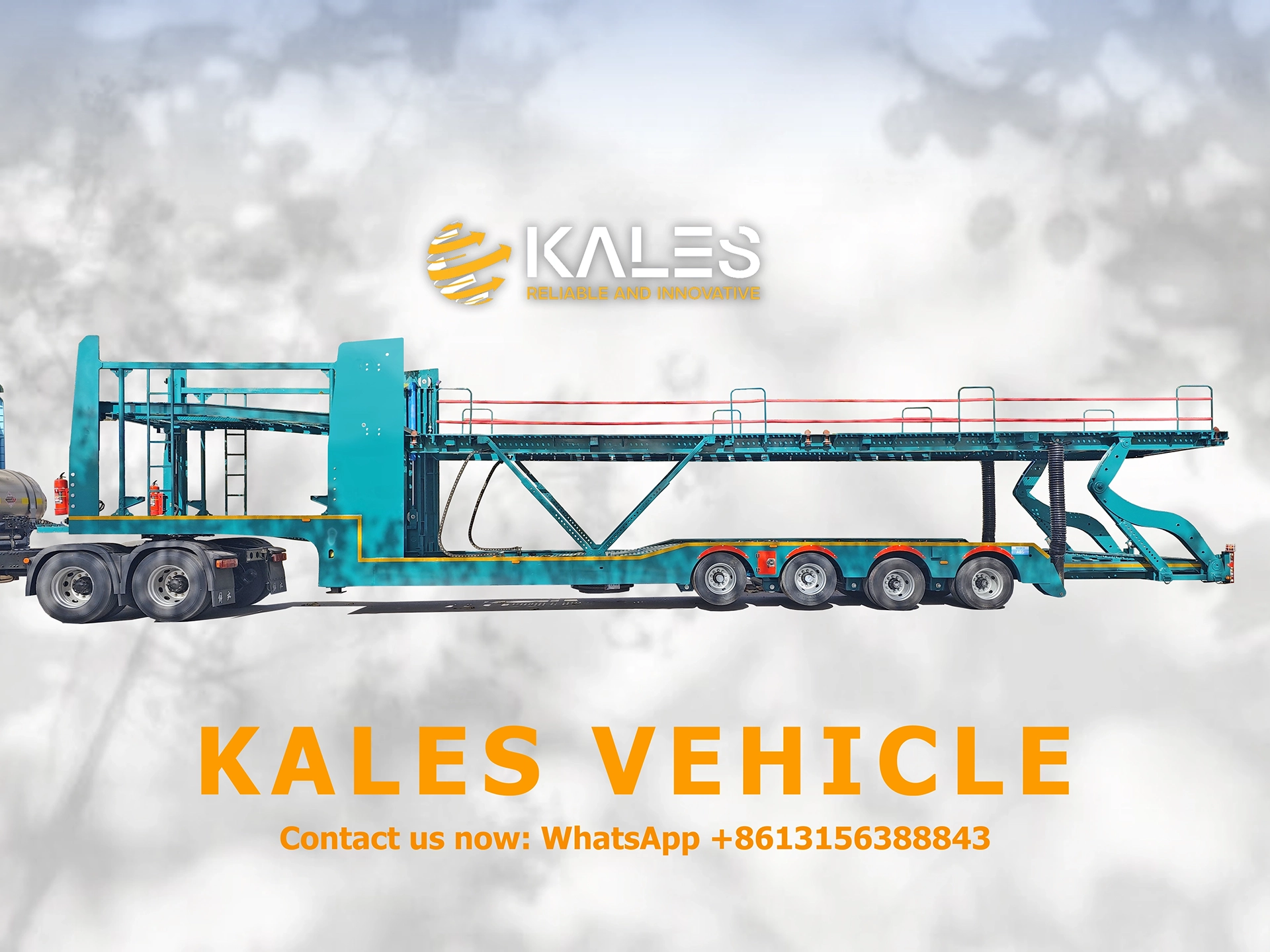 Side panoramic profile of Kales 4-axle hydraulic car carrier trailer showing long wheelbase and multi-car capacity.