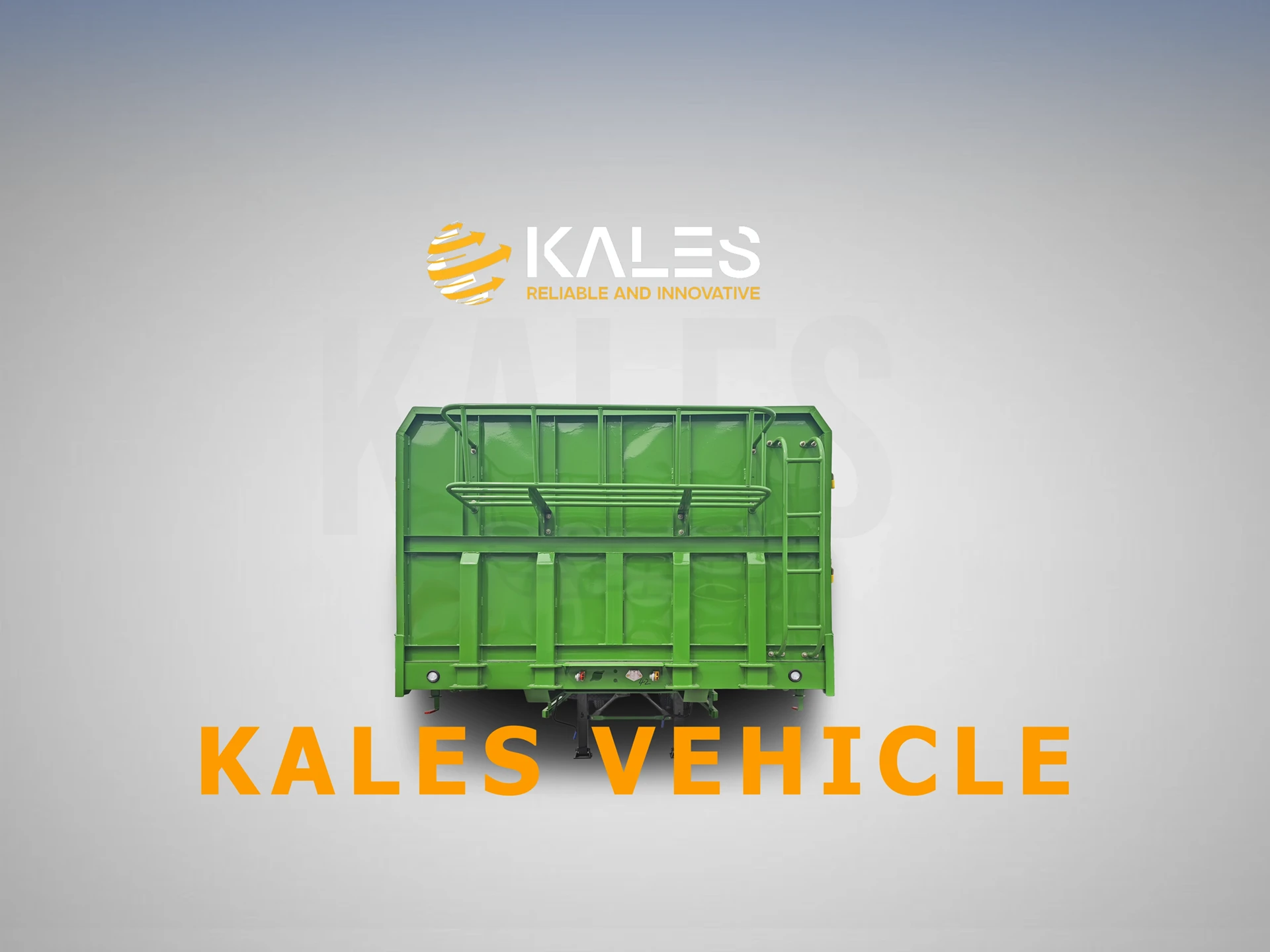 Front view of Kales 60 ton 3-axle drop-side semi trailer showing heavy-duty headboard structure