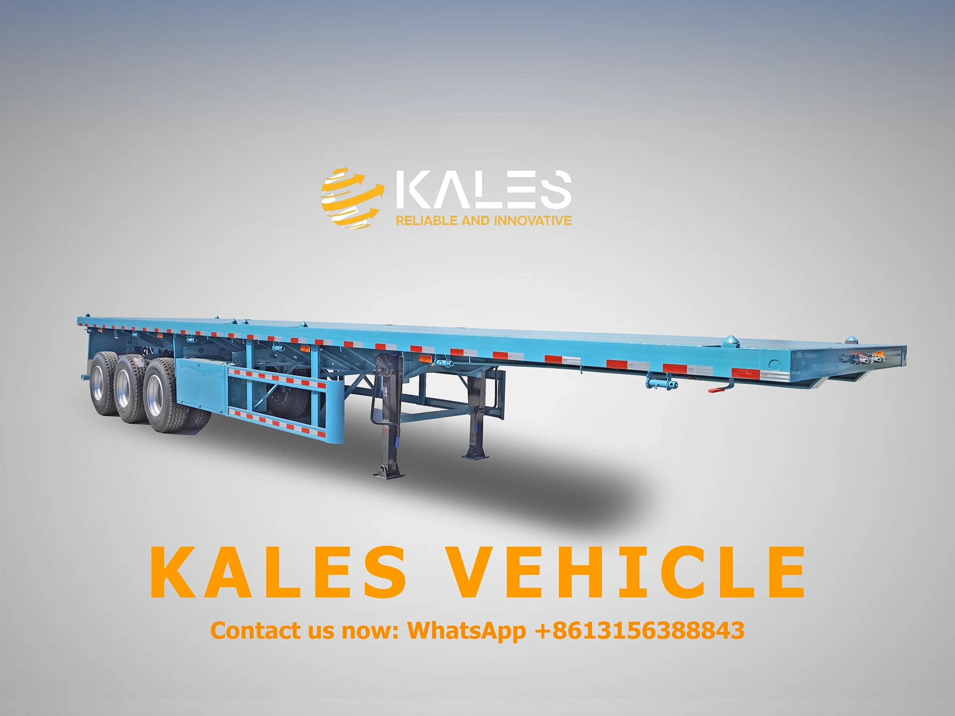 Front three-quarter view of a durable Kales 40ft flatbed trailer, highlighting integrated landing gear and secure container locking mechanisms.