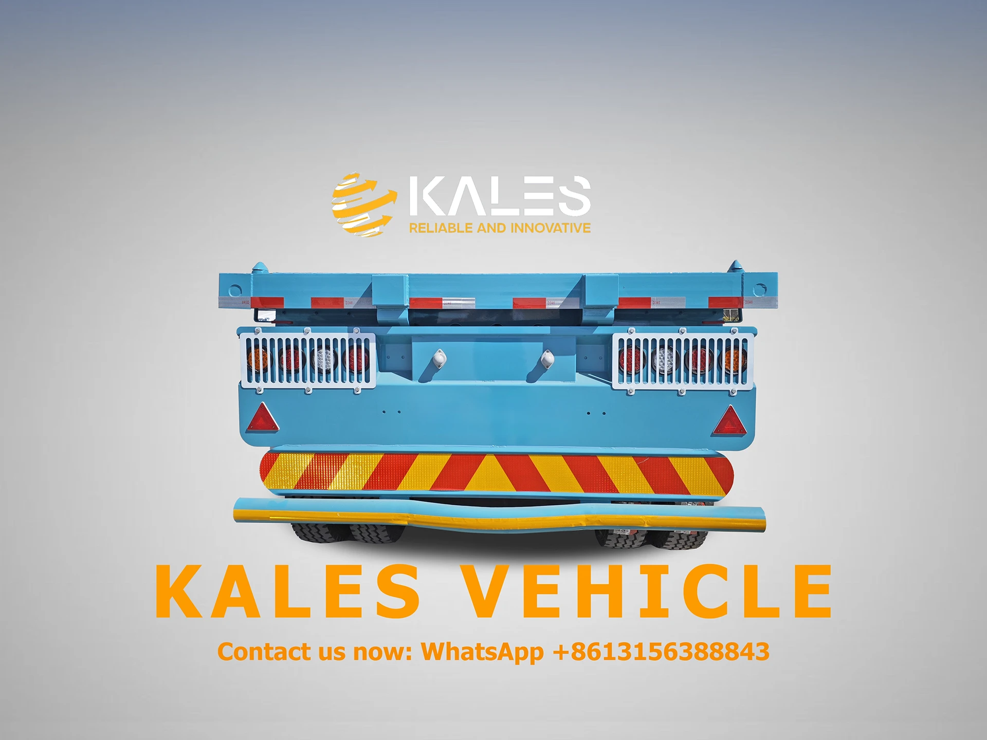Rear view of Kales 3-axle 40ft flatbed trailer with rear guard, impact beam, LED lights, and protective lamp covers.