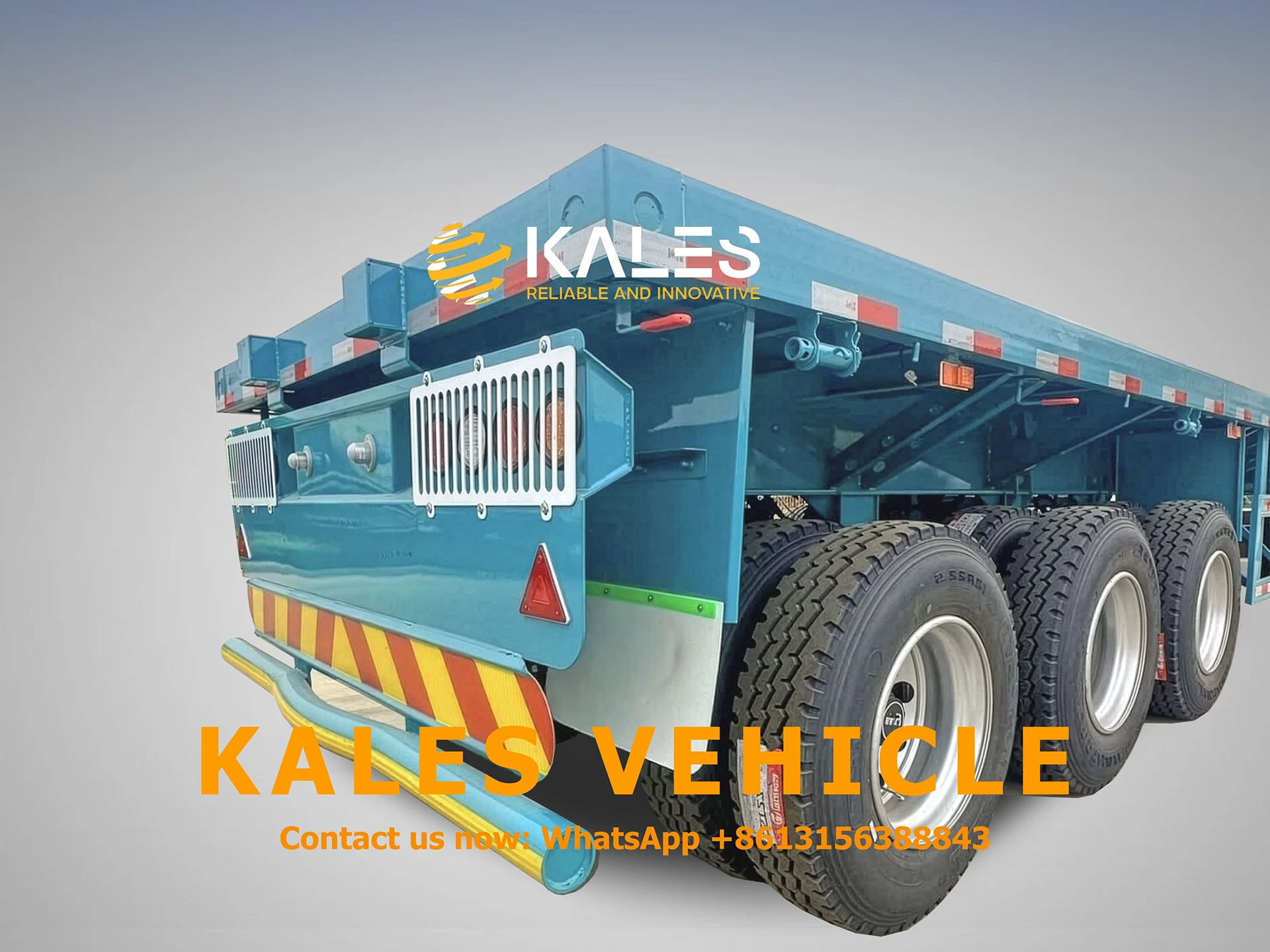 Rear close-up of Kale's 40ft flatbed trailer showing underride guard and dense steel crossmembers.