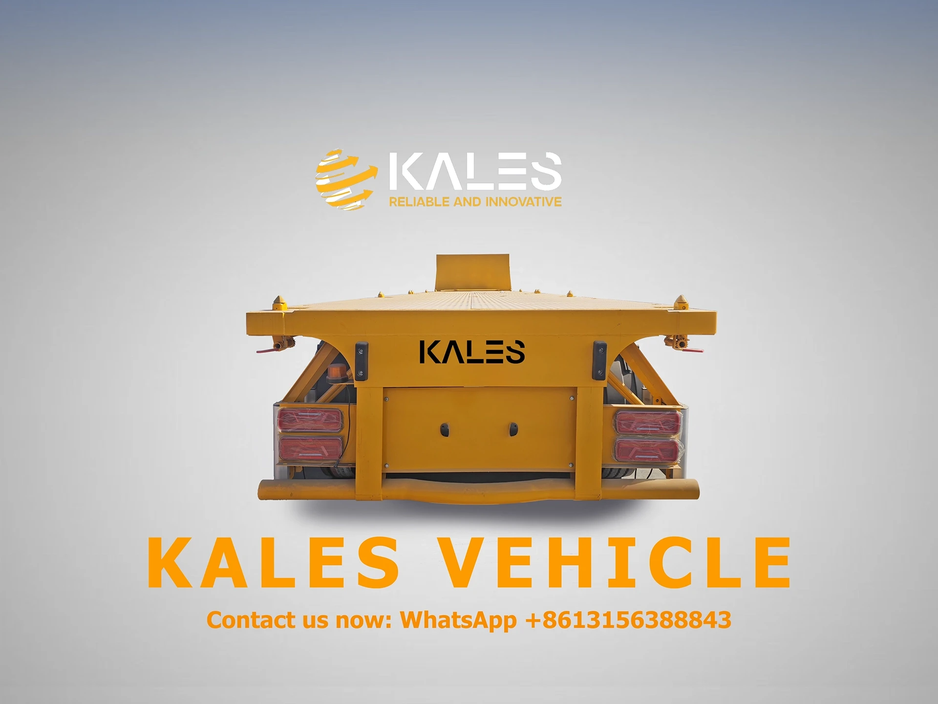 Rear view of flatbed trailer with reinforced bumper and LED tail lights for night safety