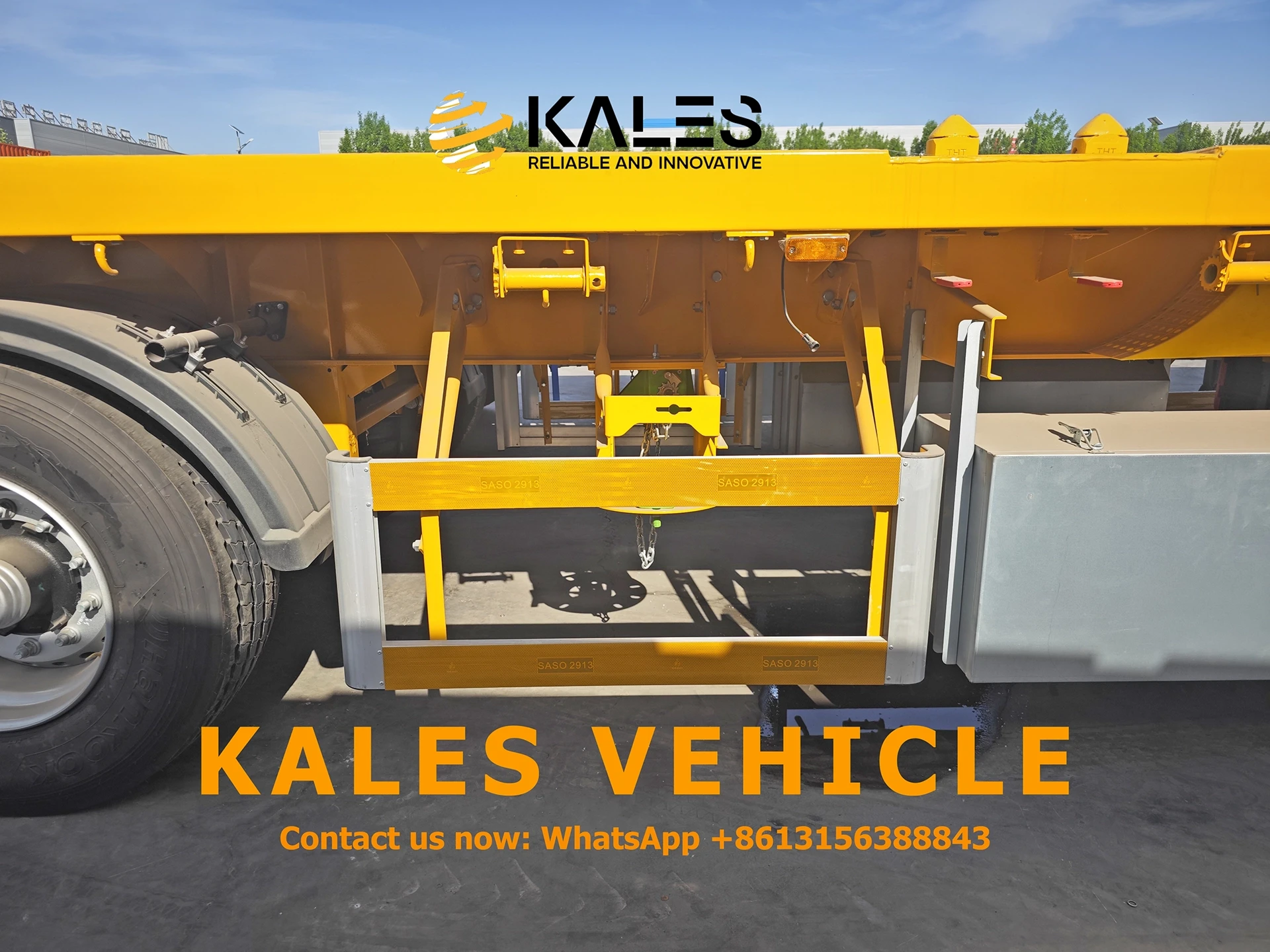 Side-mounted waterproof toolbox and dual spare tire carriers on Kales semi trailer.