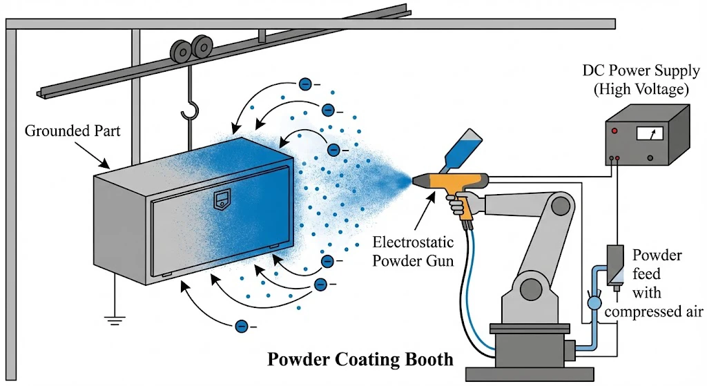 Diagram showing the electrostatic powder coating mechanism applied to Kales trailer parts, where a spray gun applies charged powder onto a grounded metal component.