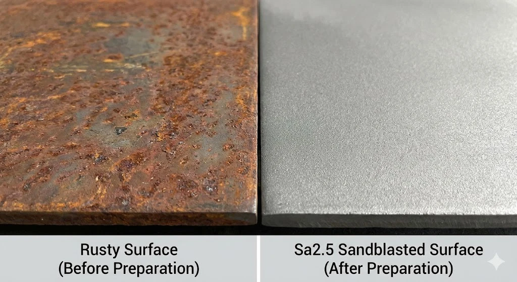 Side-by-side comparison of a rusty steel surface and the clean, silver-grey Sa2.5 sandblasted surface standard strictly followed by Kales Vehicle.