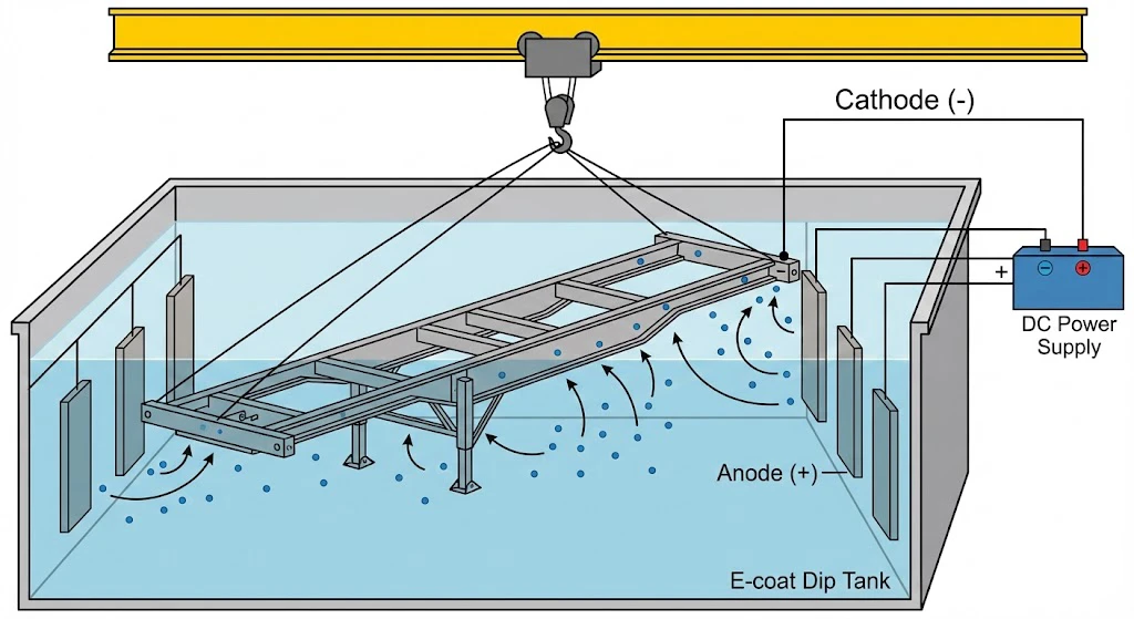 Diagram illustrating the cathodic electrodeposition (e-coat) process used by Kales Vehicle for semi-trailer chassis, showing the chassis submerged in a dip tank.