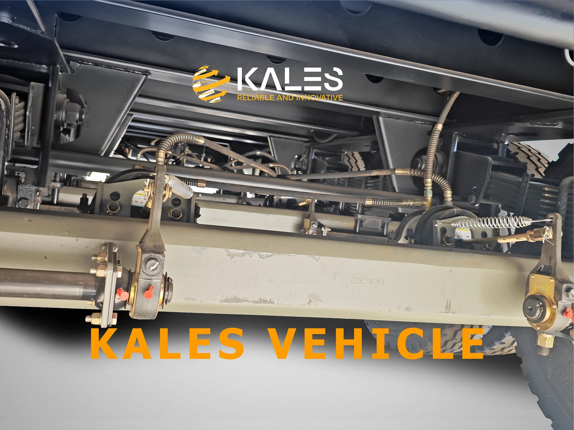 Heavy-duty mechanical leaf spring suspension and axle brackets on Kales 3-axle 80 ton lowbed.