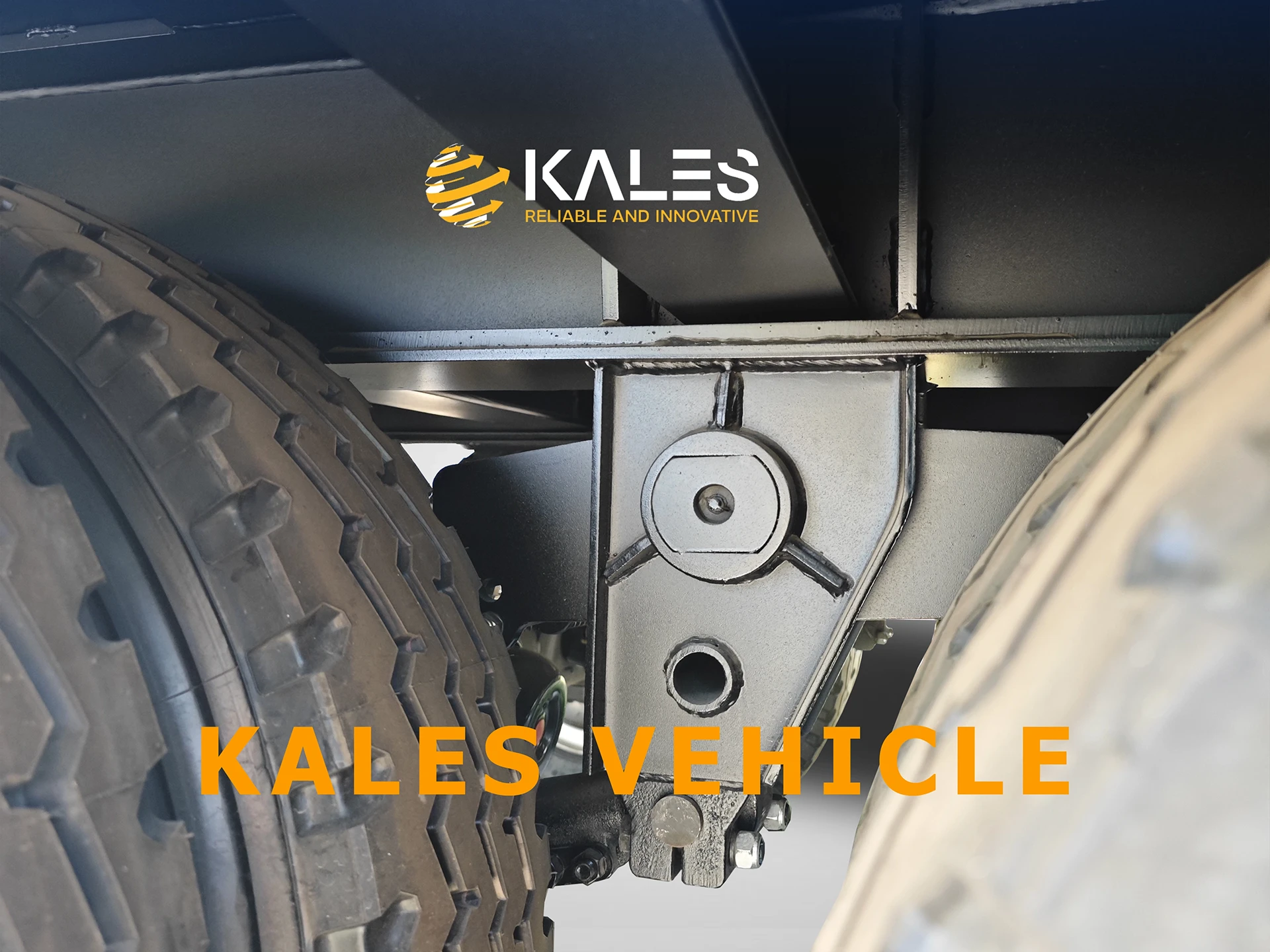 Suspension hangers, pins, and reinforced diagonal beams on Kales 3-axle 80 ton lowbed trailer.
