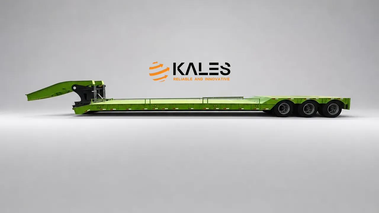 Kales Vehicle removable gooseneck lowbed semi-trailer chassis with recessed deck and heavy equipment loading geometry
