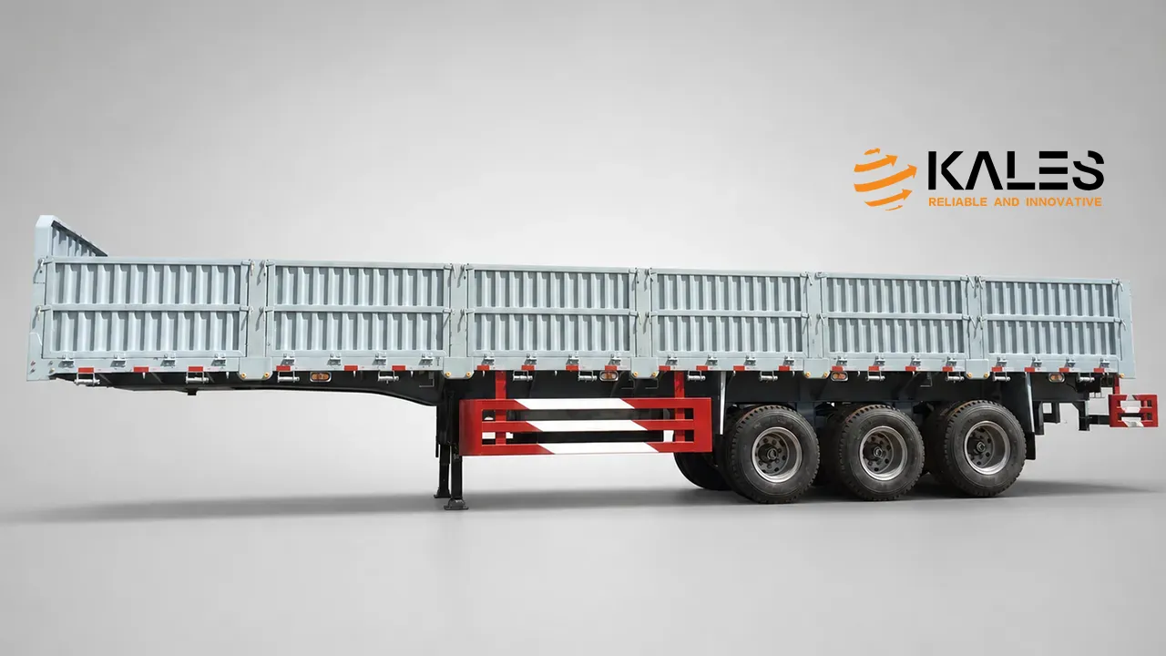Kales Vehicle straight beam flatbed semi-trailer chassis showing the standard flat deck structure used for general cargo and heavy-duty transport