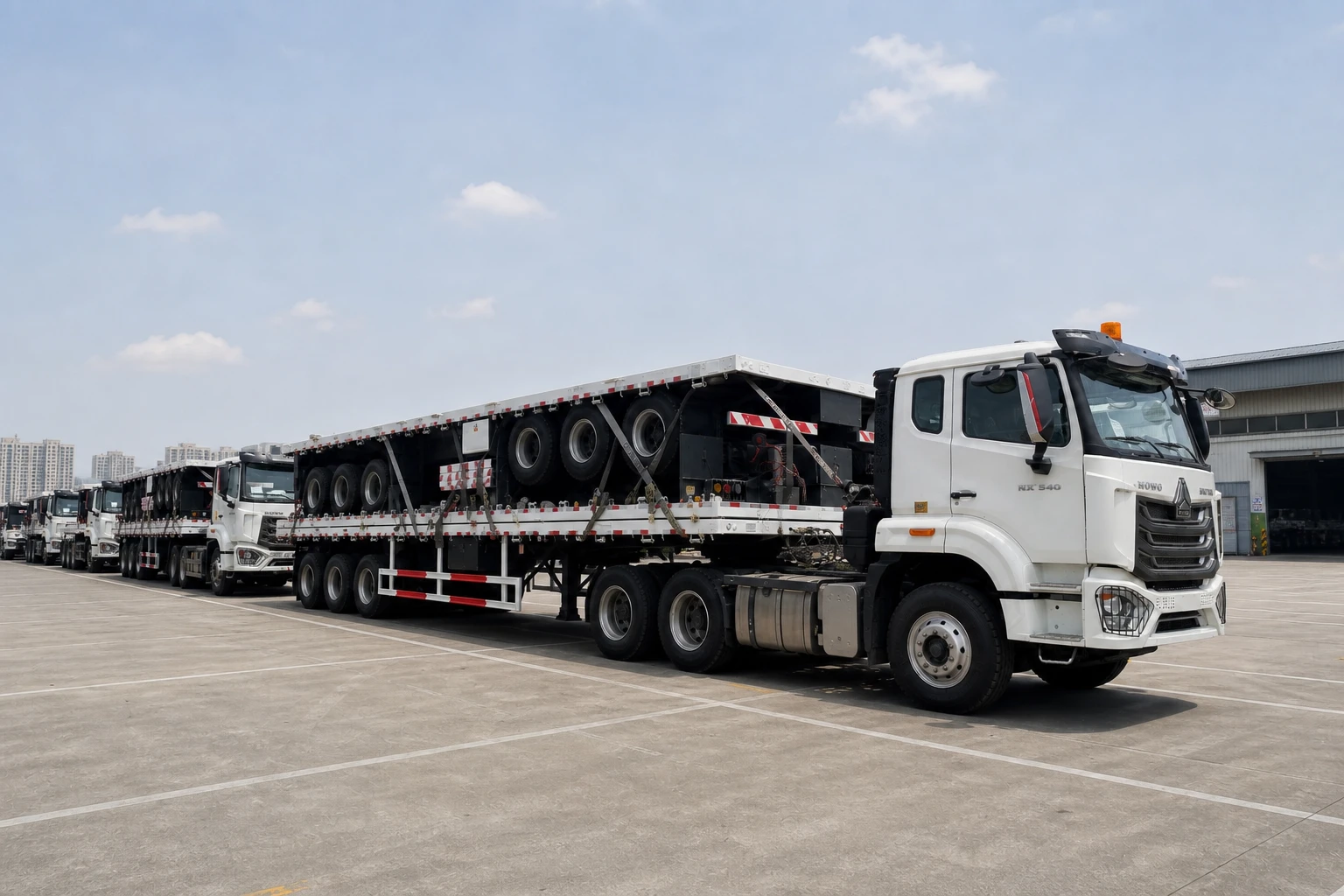 Packed 3-axle 15m flatbed semi-trailer ready for shipment from Tianjin Port to Tema Port in Ghana