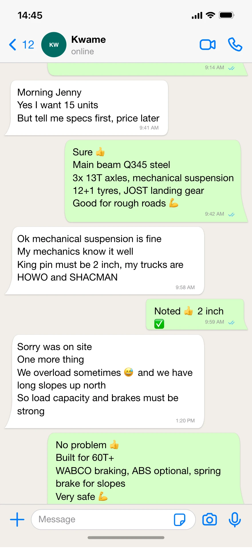 Customer-authorised WhatsApp discussion about 3-axle flatbed trailer specifications for a Ghana fleet