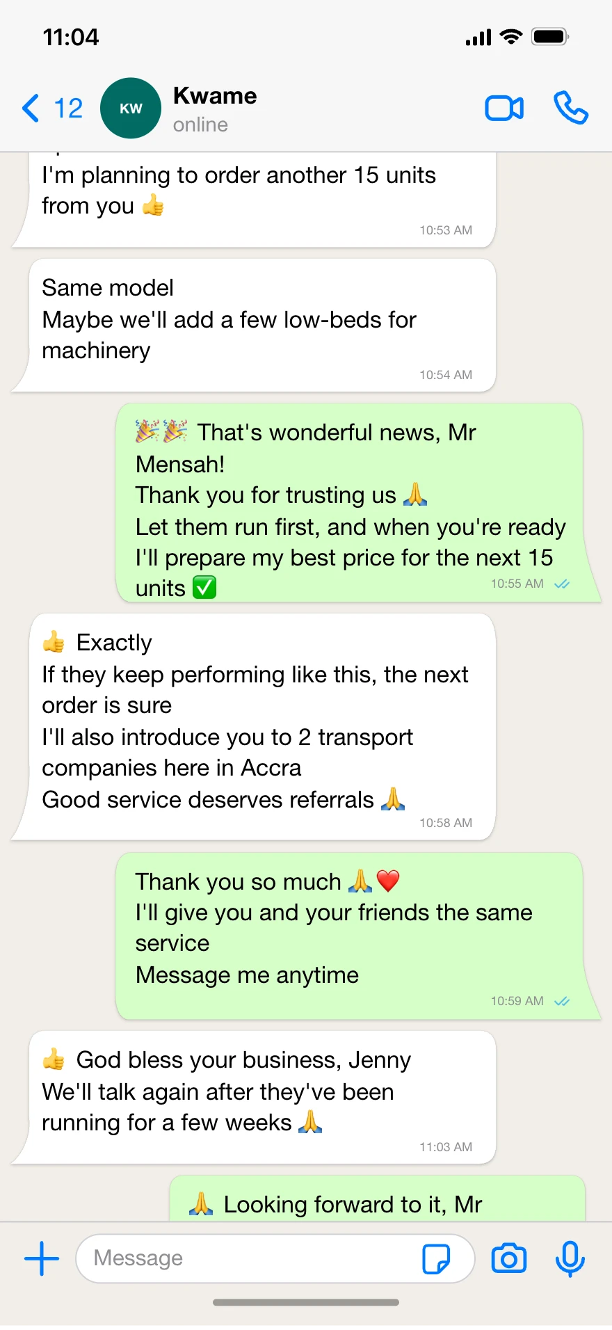 Customer-authorised WhatsApp feedback after the Ghana fleet received and operated the tri-axle flatbed semi-trailers