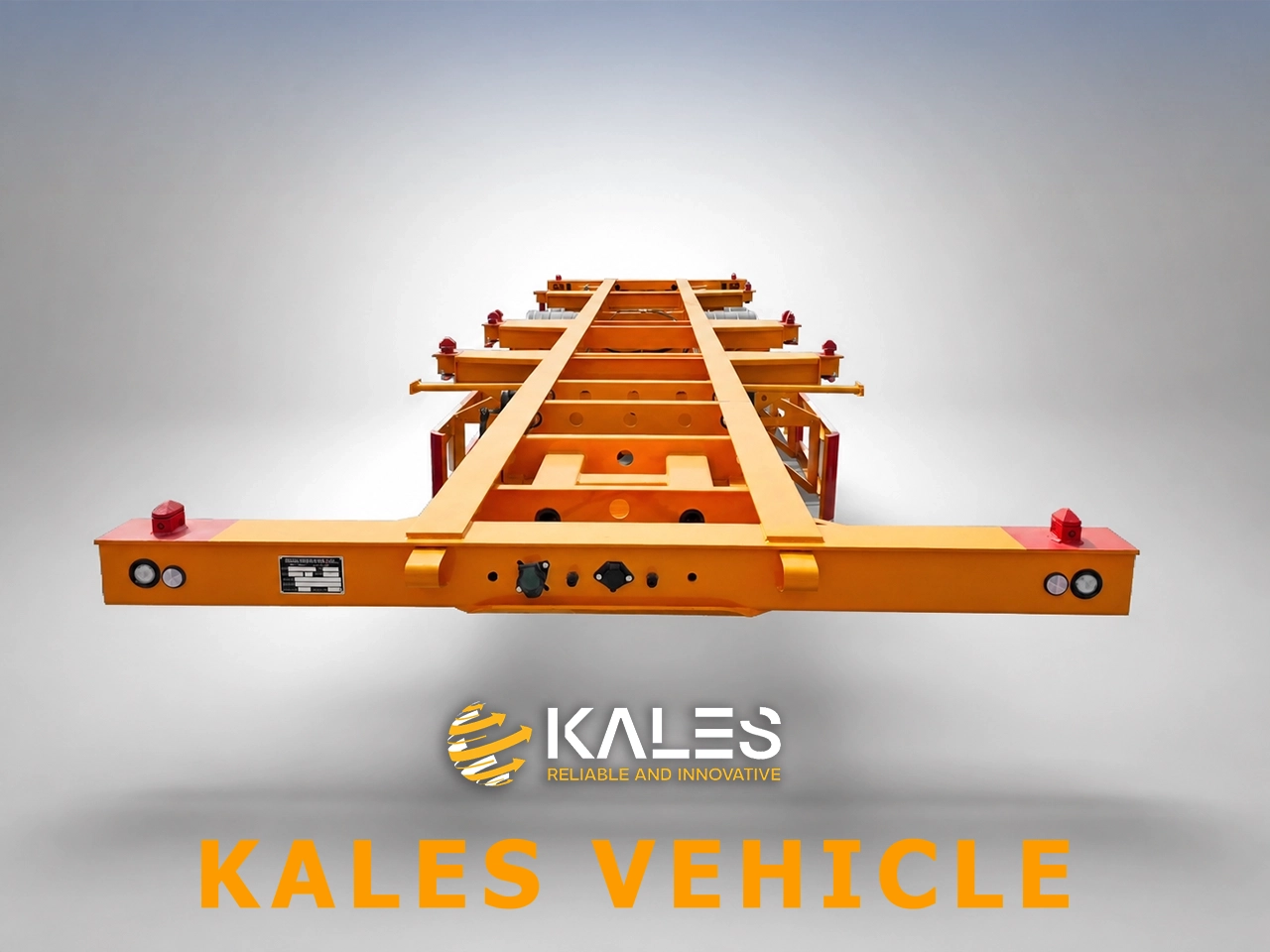 Front view of skeletal trailer frame with reinforced gooseneck and cross-members