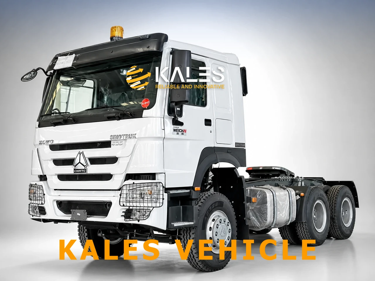 Front 45-degree angle view of Kales refurbished Sinotruk HOWO 371 6x4 tractor truck.