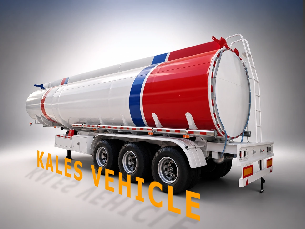 KALES rear 45-degree view of 45000L oil tanker semi-trailer showing discharge pipeline system, 3-compartment fuel tank trailer with emergency cut-off valves