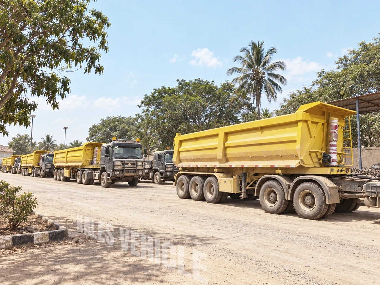 Delivered Kales 60-ton U-shape rear dump tipper semi-trailer fleet parked at client operations yard in Tanzania after acceptance inspection