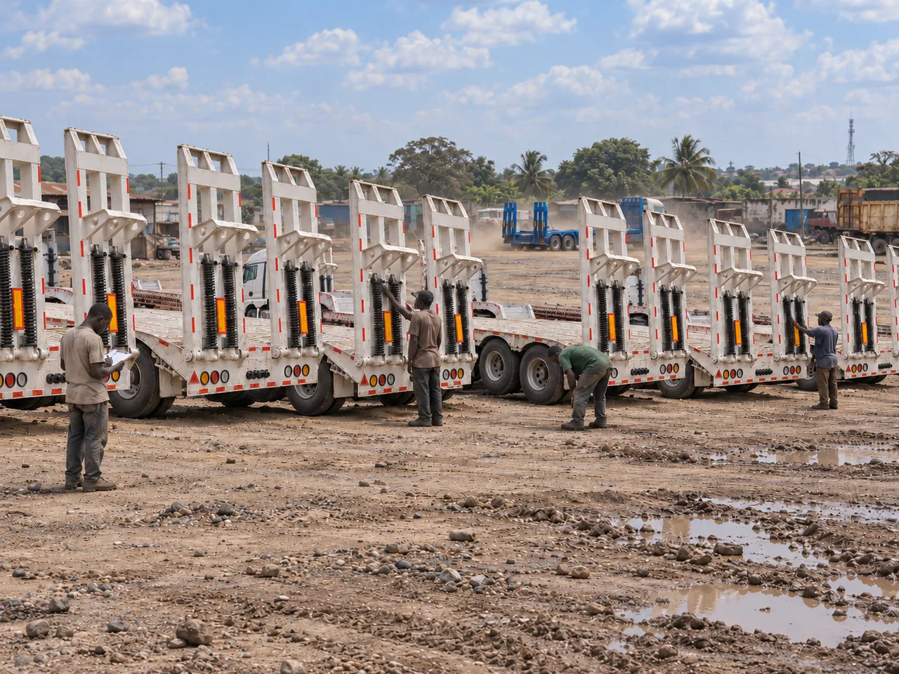Guinea bauxite mining contractor engineers conducting site acceptance inspection on assembled Kales 80-ton 4-axle lowbed semi-trailers
